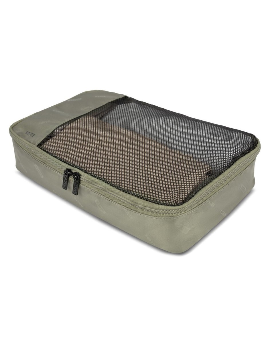 Roots Travel 5pc Packing Cube Set in sage, close-up view of mesh covering.