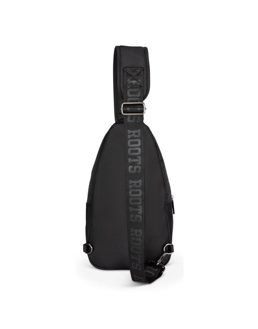 Product Image – Roots Travel Sling Bag in black, back view.