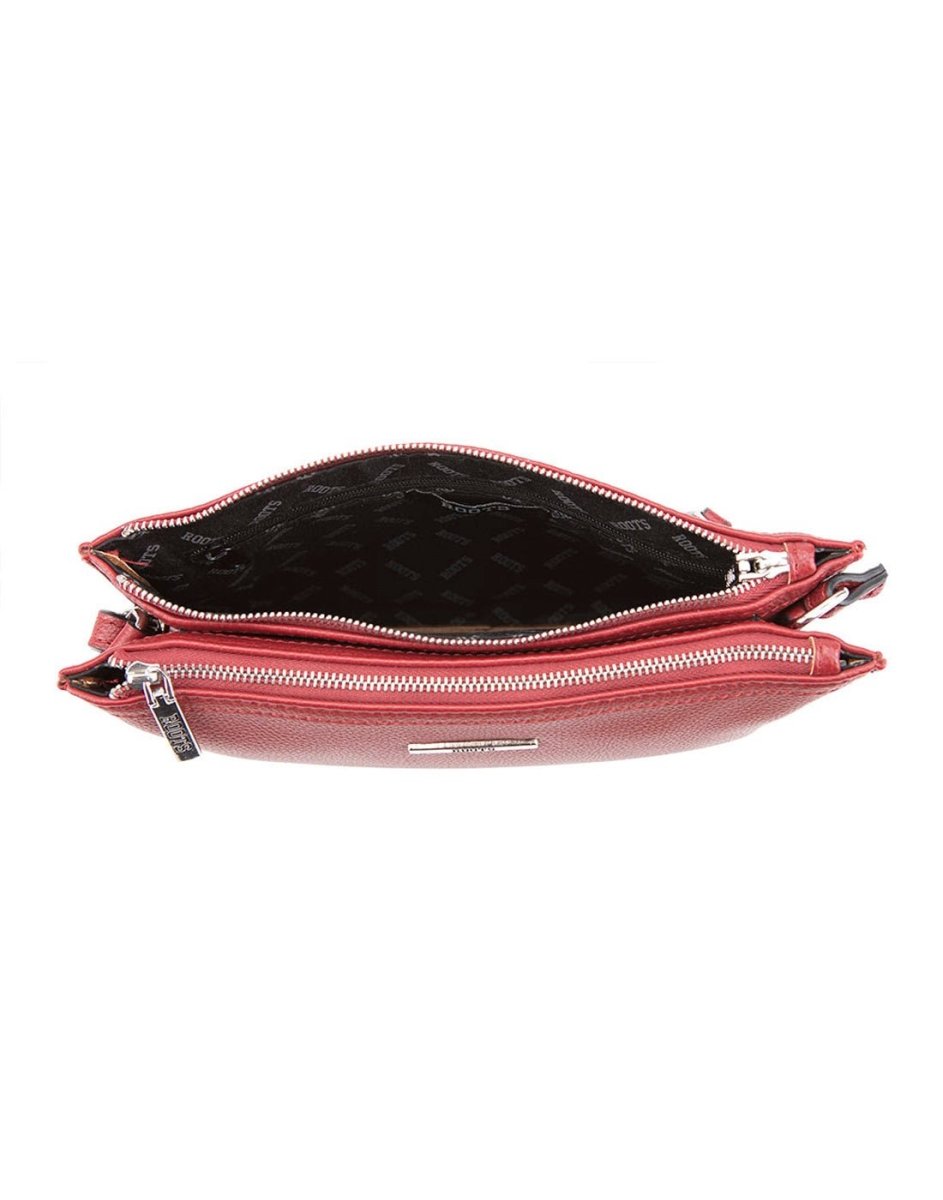 Roots Two Compartment Crossbody, red, top view with one compartment unzipped