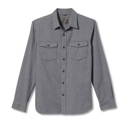 Front view of Royal Robbins Men's Bristol Organic Cotton Twill Long Sleeve in light pewter colour, buttoned up. 