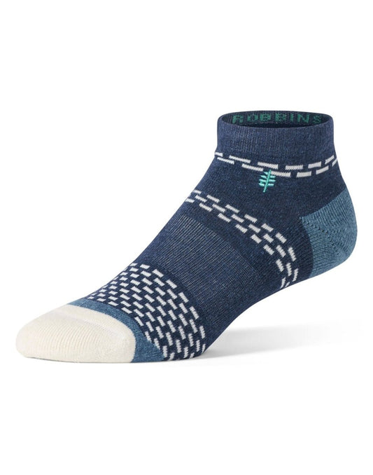 Product Image – Royal Robbins Unisex Treetech Micro Pattern Sock in Collins Blue with white toe and block patterning