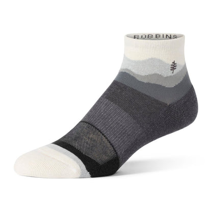 Royal Robbins Unisex Treetech Quarter Pattern Sock in jet black, with shades of grey and white toe