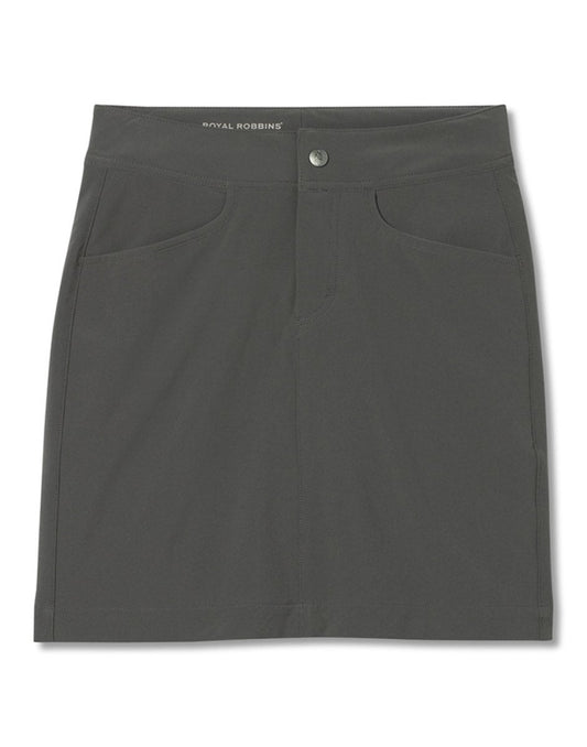 Product Image – Royal Robbins Women's Alpine Mountain Pro Skort in asphalt grey colour, front view with button closure and front two pockets