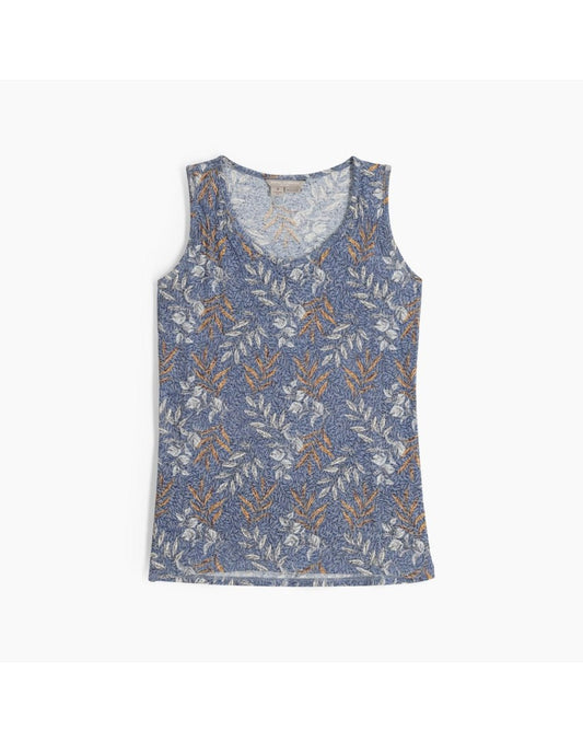 Product Image – Royal Robbins Women's Featherweight Tank in chicory blue usla print, blue with beige and brown floral pattern, front view