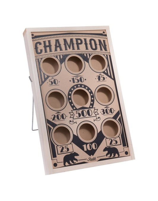 Product Image – Rectangular wooden board with metal prop in the back.  3 rows of 3 holes cut out, each with a points value below.  The word CHAMPION written on the top and two polar bears on the bottom.