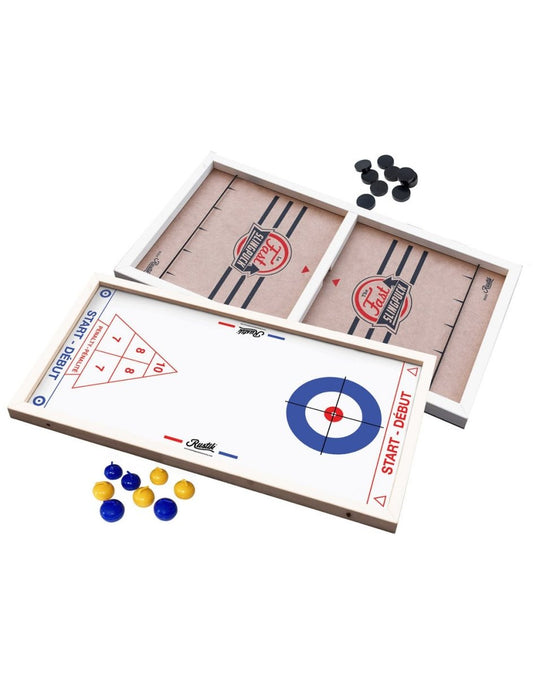 Product Image – Rustik 3-in-1 Sling Puck/Curling/Shuffleboard Game front and back of game board with moving pieces beside each board