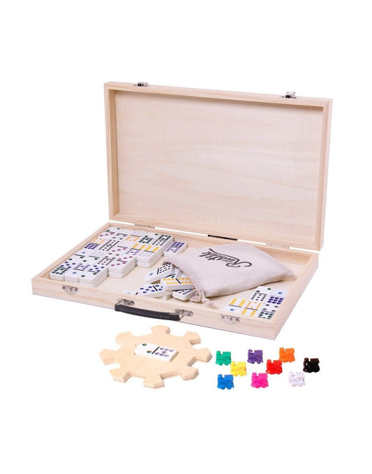 Product Image – Rustik Classic Mexican Train Game components in a wooden box, open view