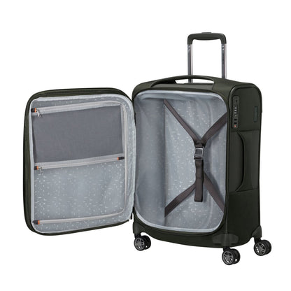 Samsonite Re-Lite Spinner Carry-On™: Black softside luggage with compartments and straps, ideal for light travel.