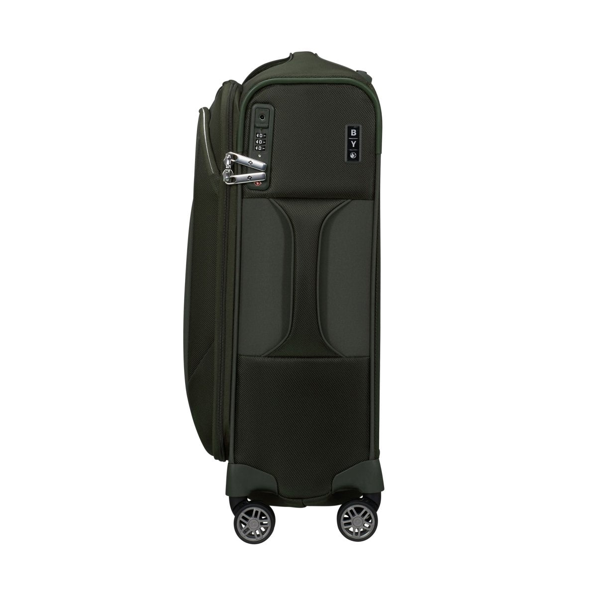 Samsonite Re-Lite Spinner Carry-On™, dark green softside luggage with zipper, lock, and four wheels, side view.
