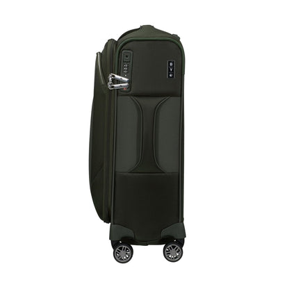Samsonite Re-Lite Spinner Carry-On™, dark green softside luggage with zipper, lock, and four wheels, side view.