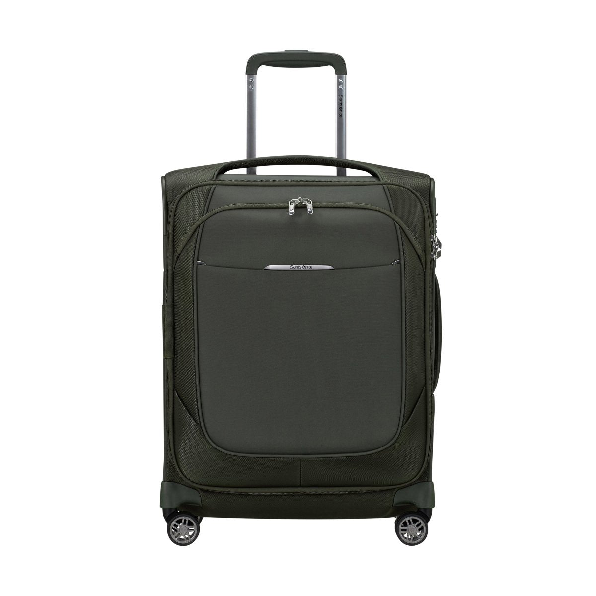 Samsonite Re-Lite Spinner Carry-On™: dark green, softside, 4 wheels, telescoping handle; shown on white.
