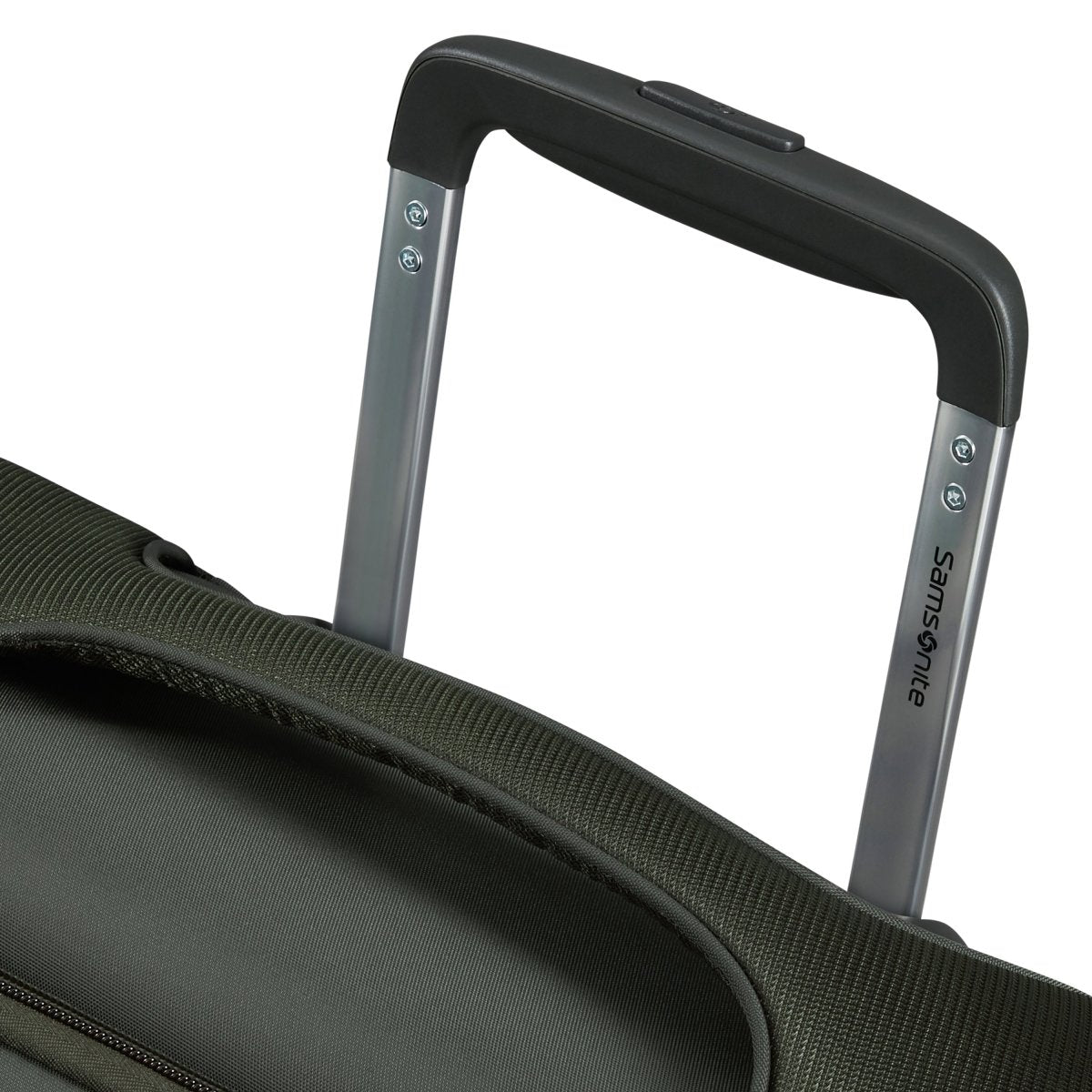 Close-up of the Samsonite Re-Lite Spinner Carry-On™ handle with extendable metal rods against a plain background.