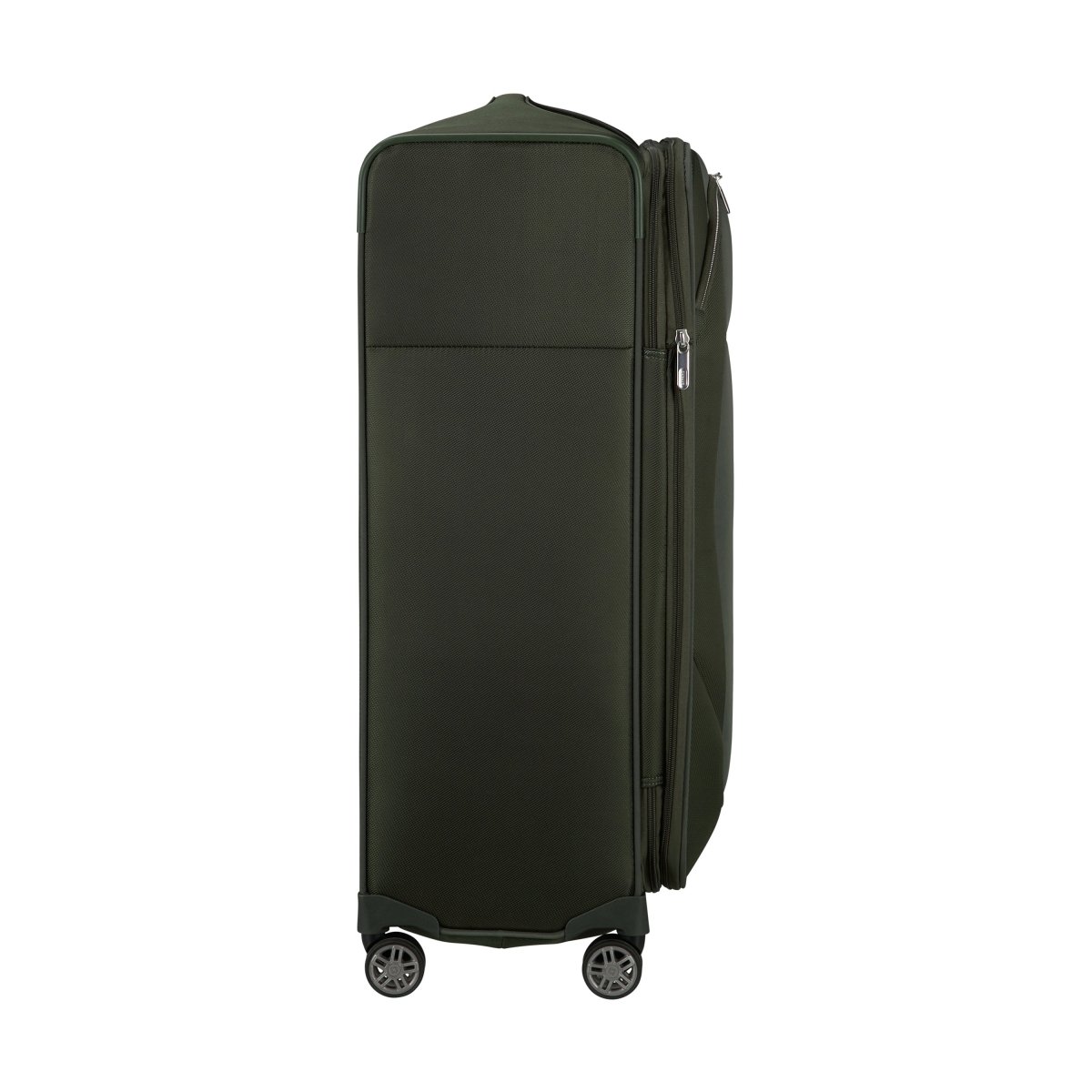 The Samsonite Re-Lite Spinner Large, a dark green eco-friendly suitcase, stands upright on a white background.