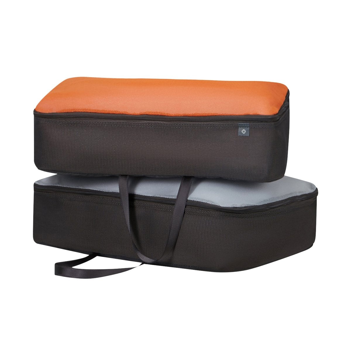 Two Samsonite Re-Lite Spinner Large cubes, made from recycled fabric, stacked with orange and gray tops.