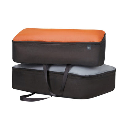 Two Samsonite Re-Lite Spinner Large cubes, made from recycled fabric, stacked with orange and gray tops.