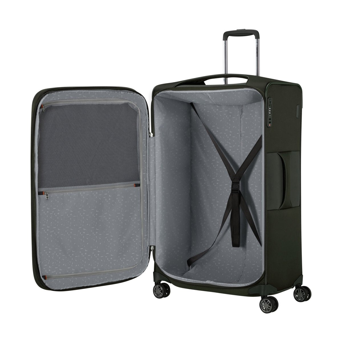 Samsonite Re-Lite Spinner Large: black, recycled fabric, gray interior, mesh pockets left, elastic straps right.