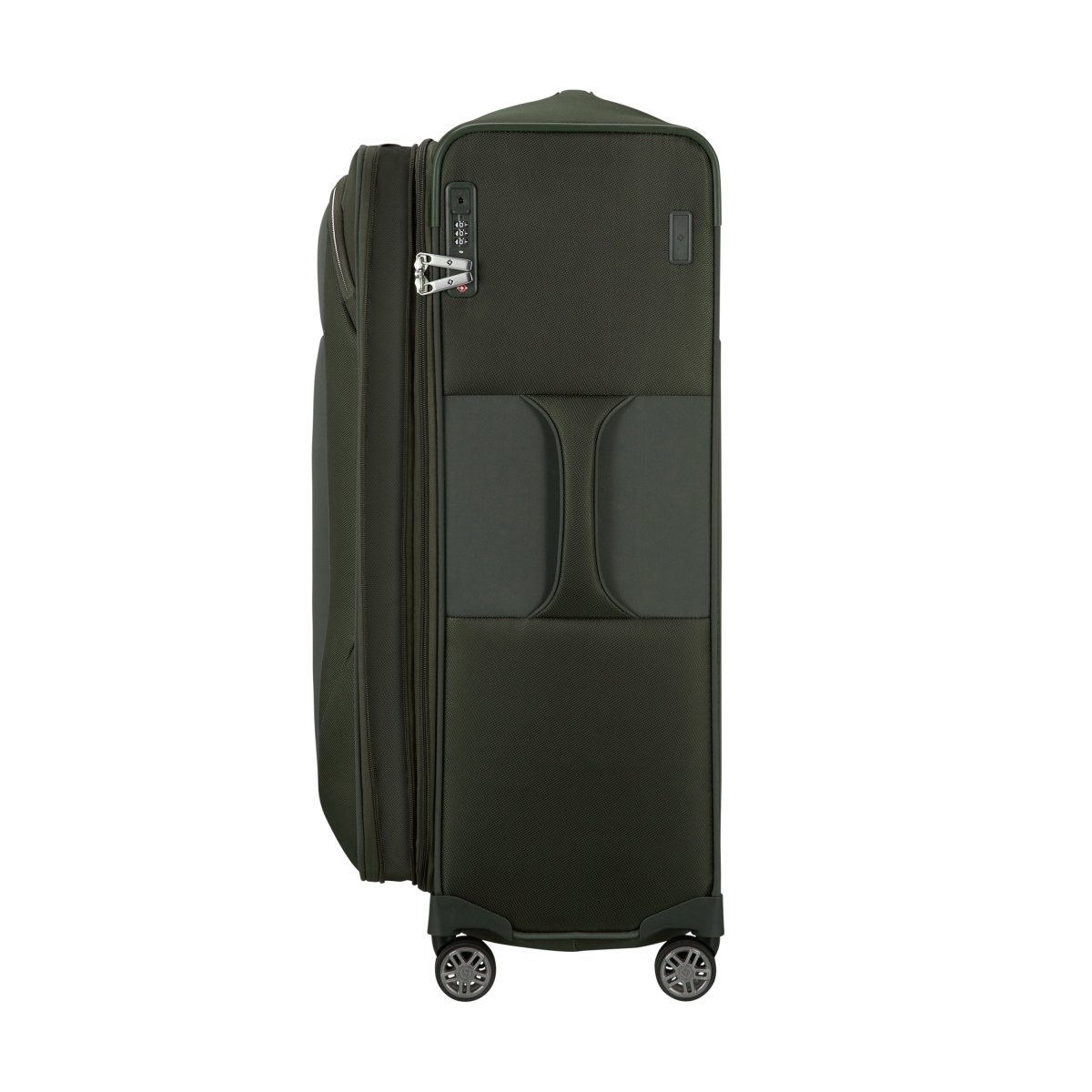 The Samsonite Re-Lite Spinner Large is a dark green, eco-friendly suitcase with a side handle and combination lock.