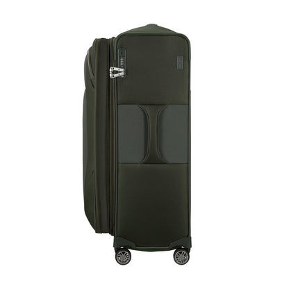 The Samsonite Re-Lite Spinner Large is a dark green, eco-friendly suitcase with a side handle and combination lock.