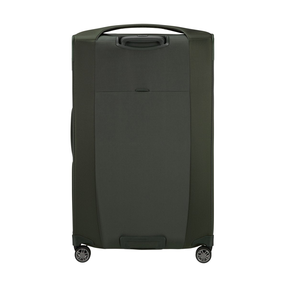 Samsonite Re-Lite Spinner Large: lightweight, dark green suitcase with 4 swivel wheels and top handle, upright on white.