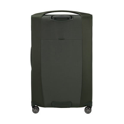 Samsonite Re-Lite Spinner Large: lightweight, dark green suitcase with 4 swivel wheels and top handle, upright on white.