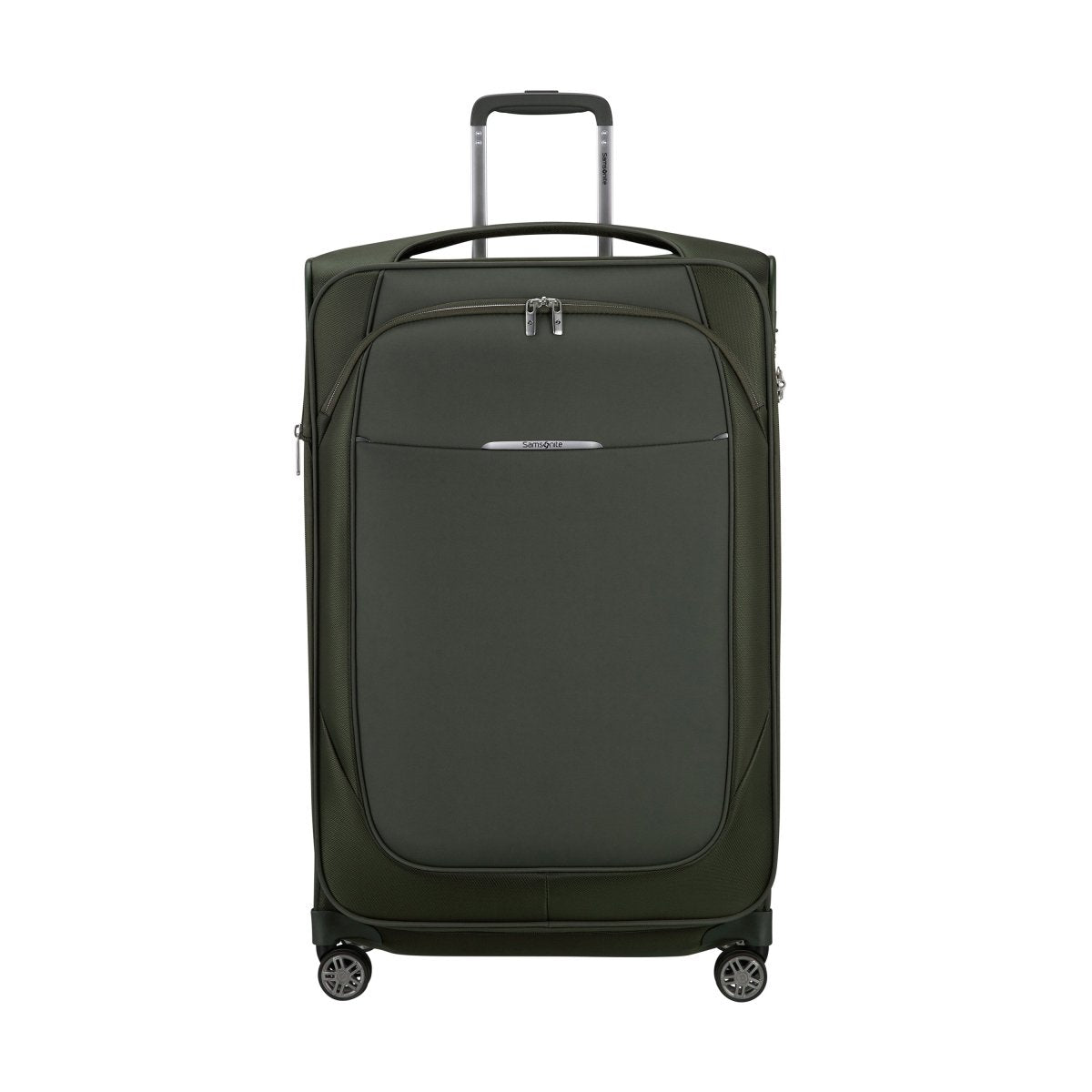 Samsonite Re-Lite Spinner Large: Dark green, lightweight luggage with front pocket and silver zippers.