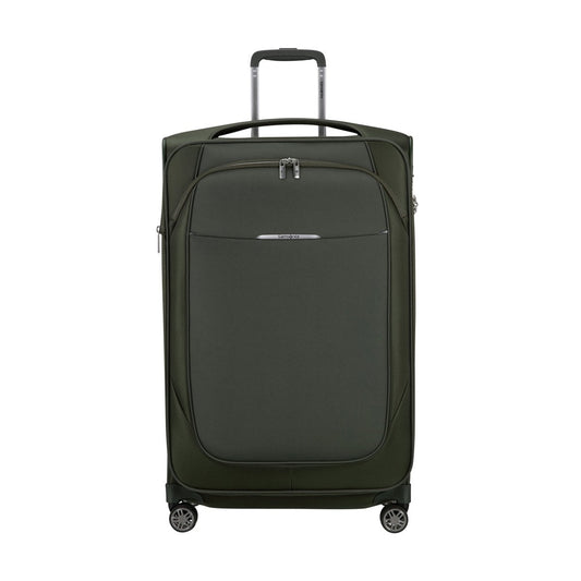 Product Image – Samsonite Re-Lite Spinner Large: Dark green, lightweight luggage with front pocket and silver zippers.