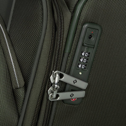 Close-up of the Samsonite Re-Lite Spinner Large, a lightweight suitcase with a TSA lock on two zipper pulls.