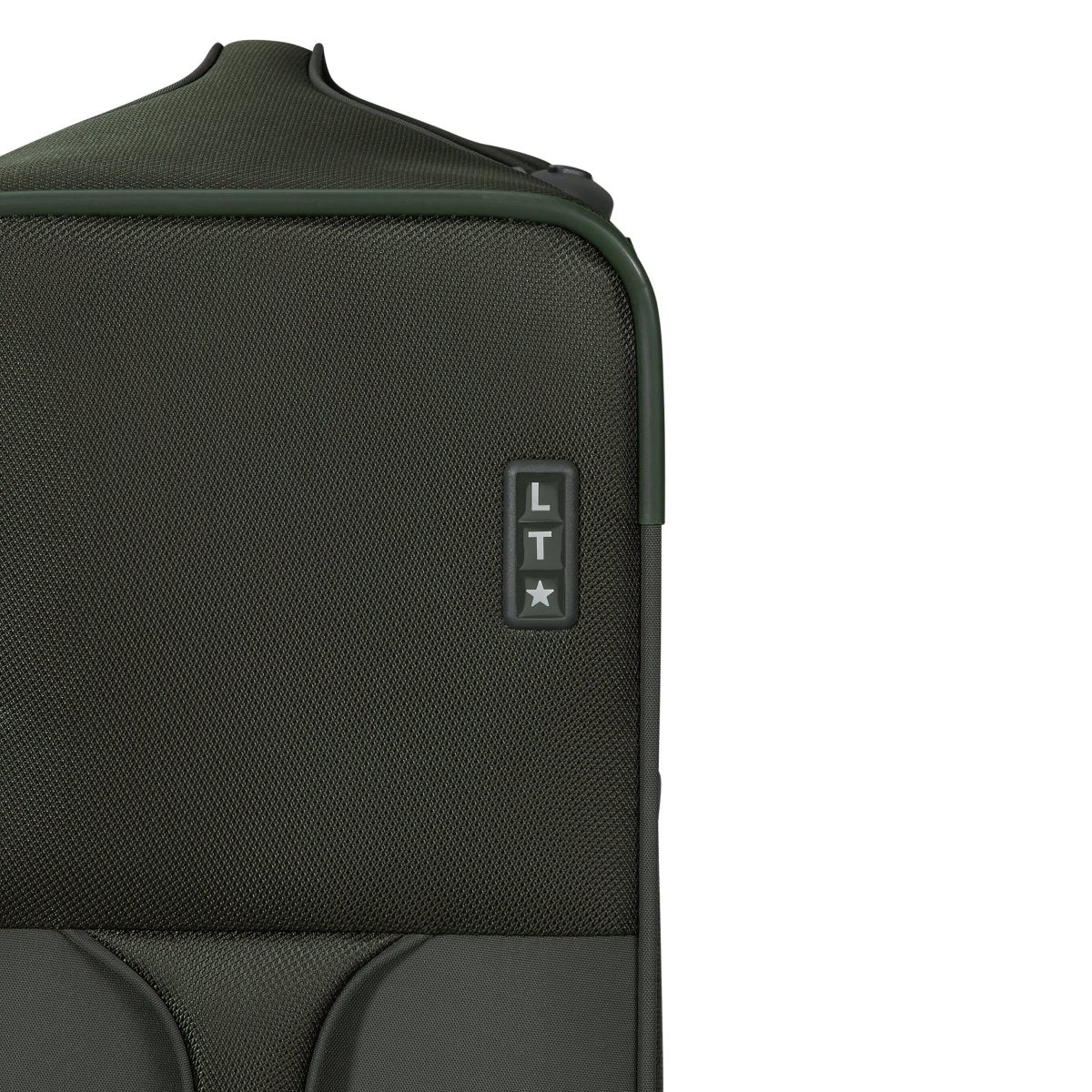 Close-up of the Samsonite Re-Lite Spinner Large, a dark green suitcase with eco-friendly features.