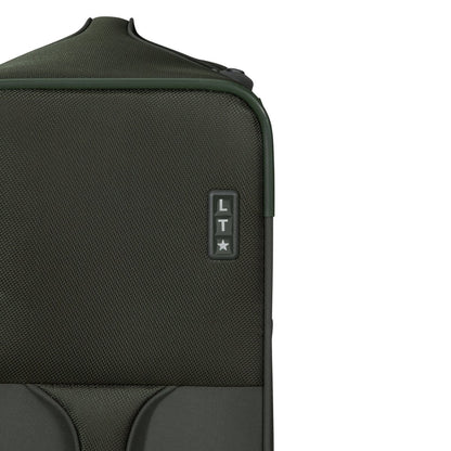 Close-up of the Samsonite Re-Lite Spinner Large, a dark green suitcase with eco-friendly features.