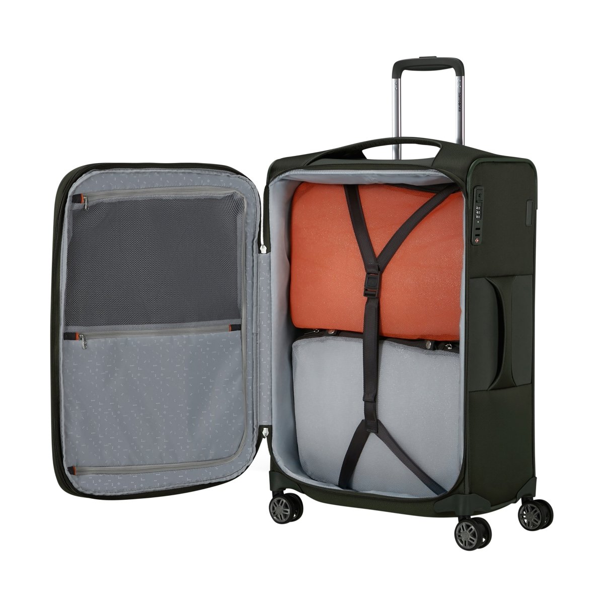The Samsonite Re-Lite Spinner Medium, in dark green, is open to reveal organized packing and mesh compartments.