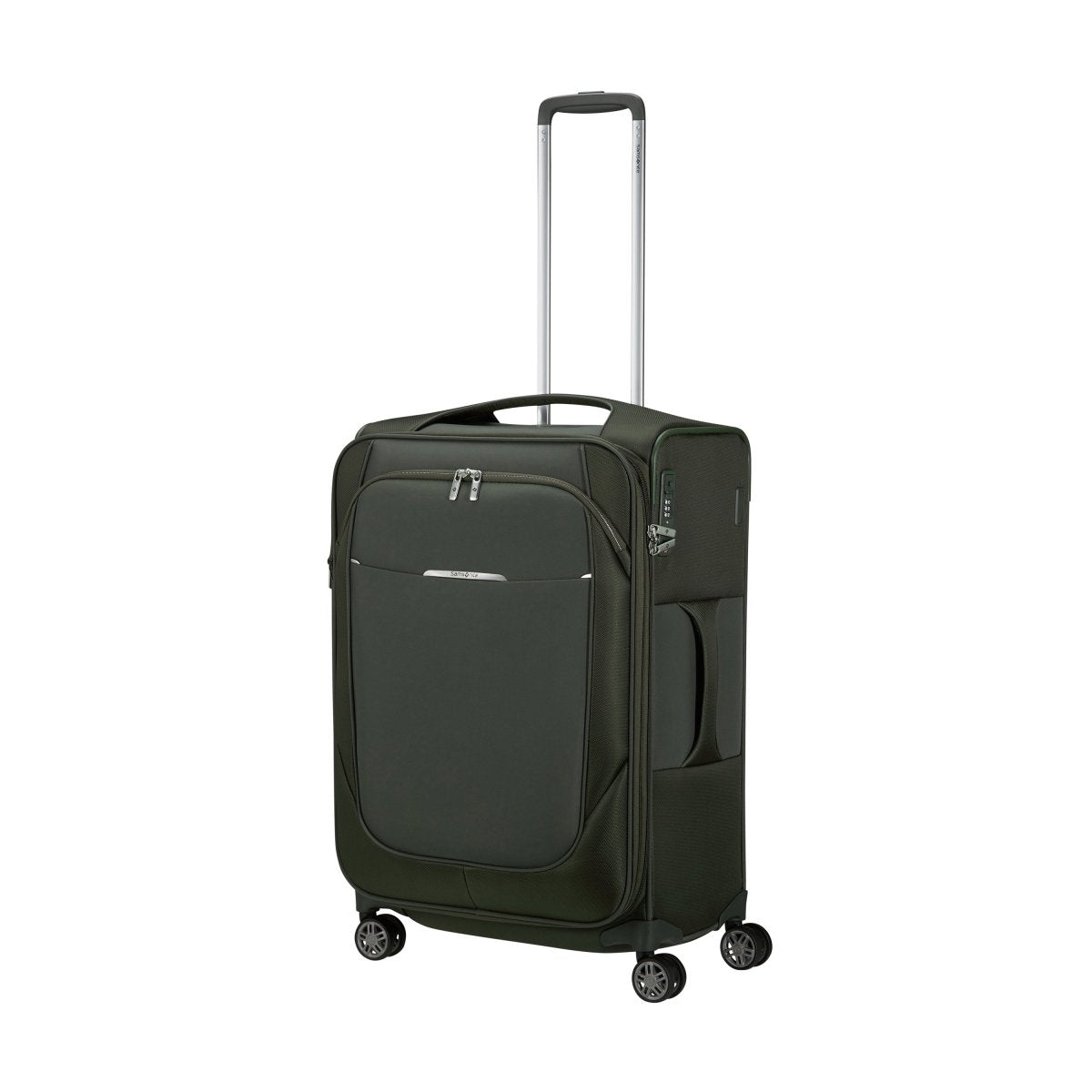 Samsonite Re-Lite Spinner Medium: A black, lightweight recycled suitcase with 4 wheels and telescopic handle.