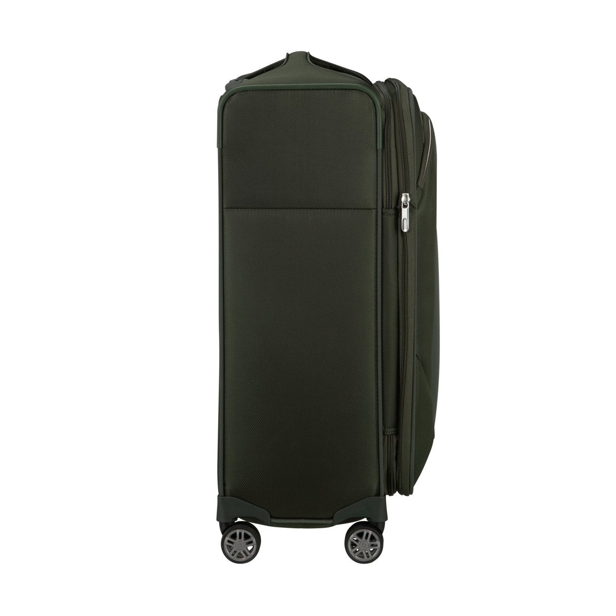 Samsonite Re-Lite Spinner Medium: eco-friendly dark green soft-shell luggage with four wheels, side view.