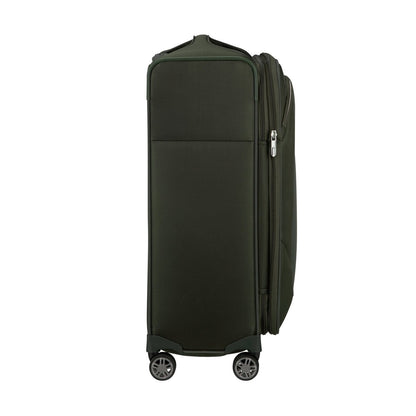 Samsonite Re-Lite Spinner Medium: eco-friendly dark green soft-shell luggage with four wheels, side view.
