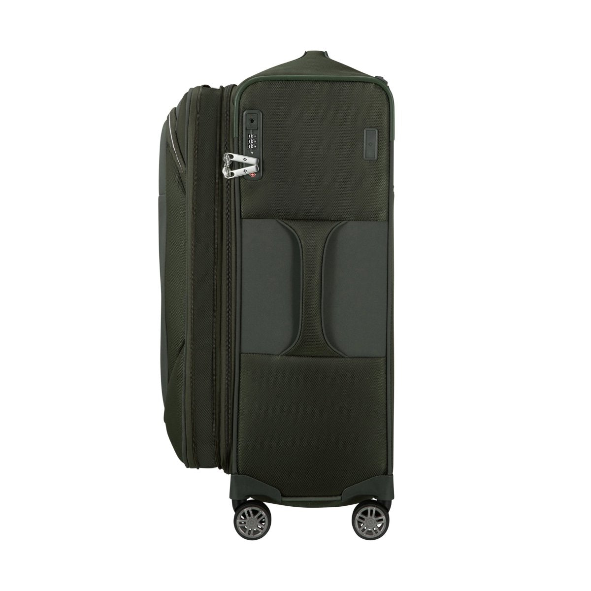 The Samsonite Re-Lite Spinner Medium is a dark green eco-friendly suitcase with four wheels, lock, and zipper.