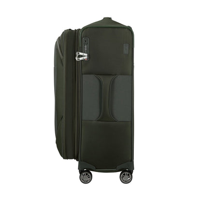 The Samsonite Re-Lite Spinner Medium is a dark green eco-friendly suitcase with four wheels, lock, and zipper.