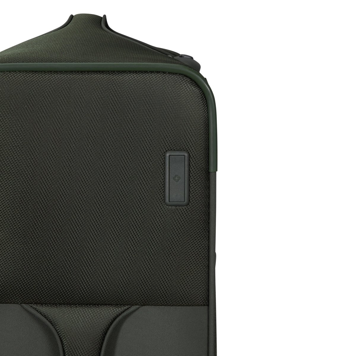 Close-up of the upper corner of the Samsonite Re-Lite Spinner Medium in dark green recycled plastic, side button shown.