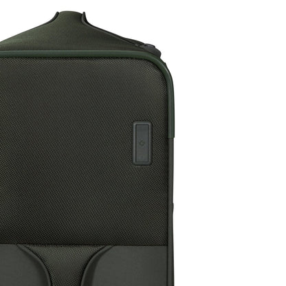 Close-up of the upper corner of the Samsonite Re-Lite Spinner Medium in dark green recycled plastic, side button shown.