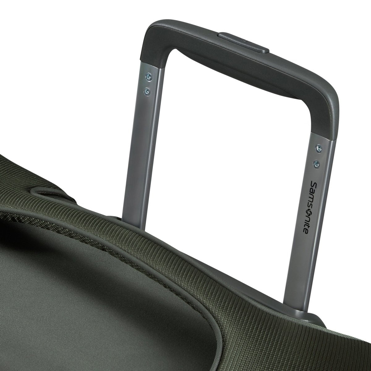 Close-up of the Samsonite Re-Lite Spinner Medium's telescopic handle on this lightweight luggage.