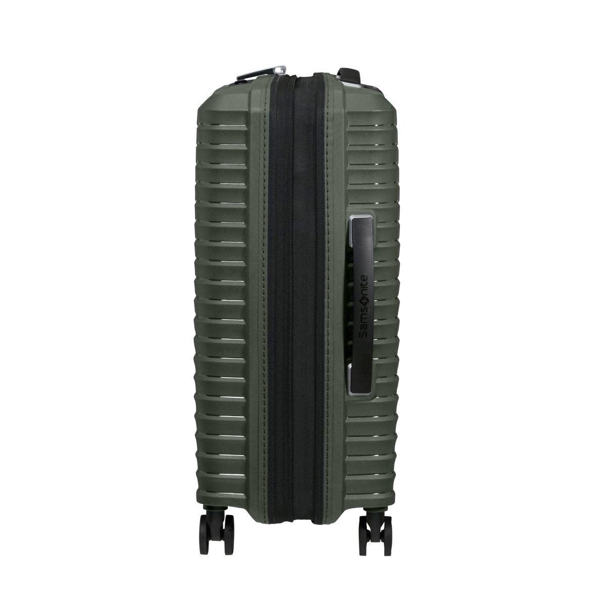 Samsonite Upscape Spinner Carry-On™ in green shown from the side, lightweight with shock-absorbing wheels.
