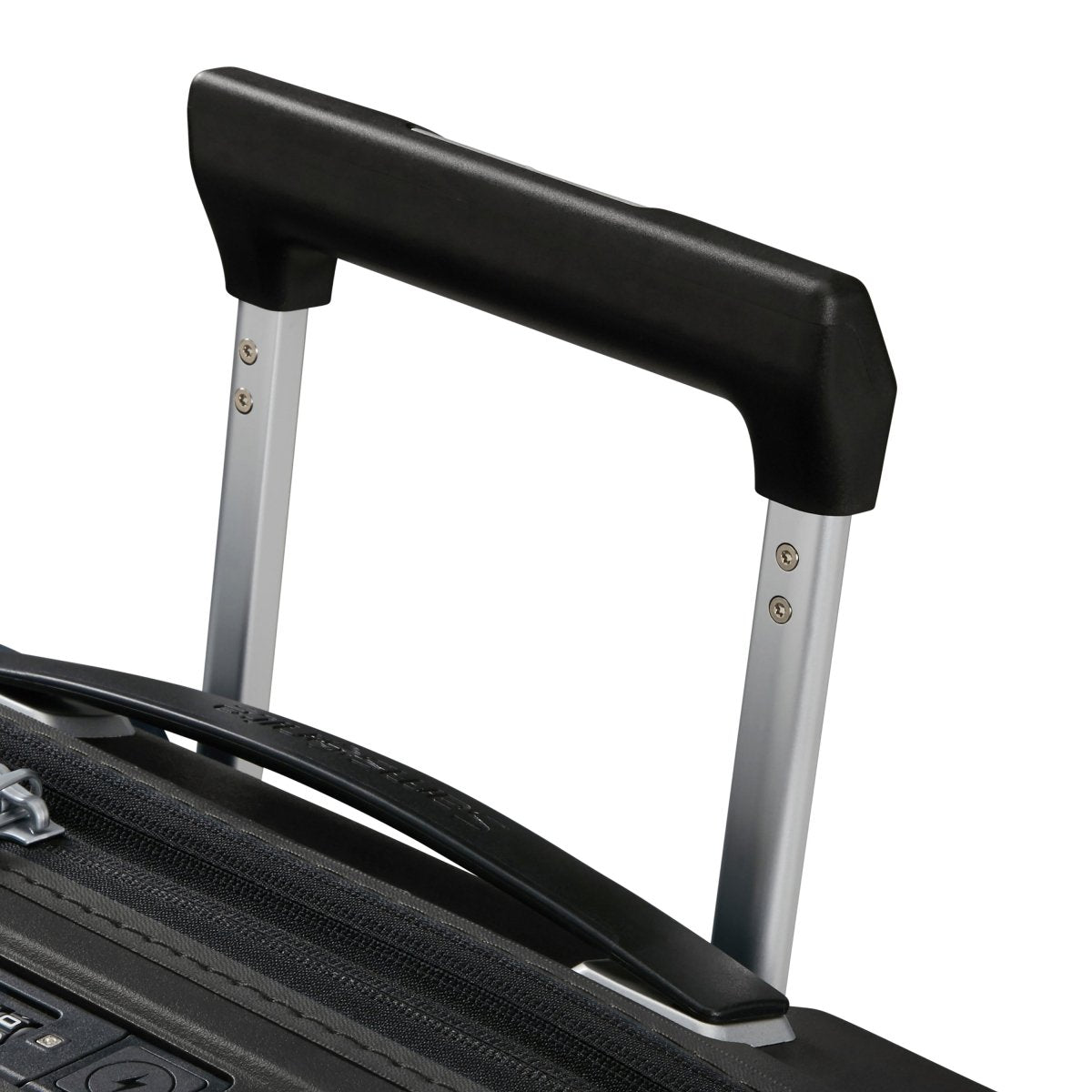 Close-up of the extended telescopic handle on the Samsonite Upscape Spinner Carry-On™ sleek black suitcase.