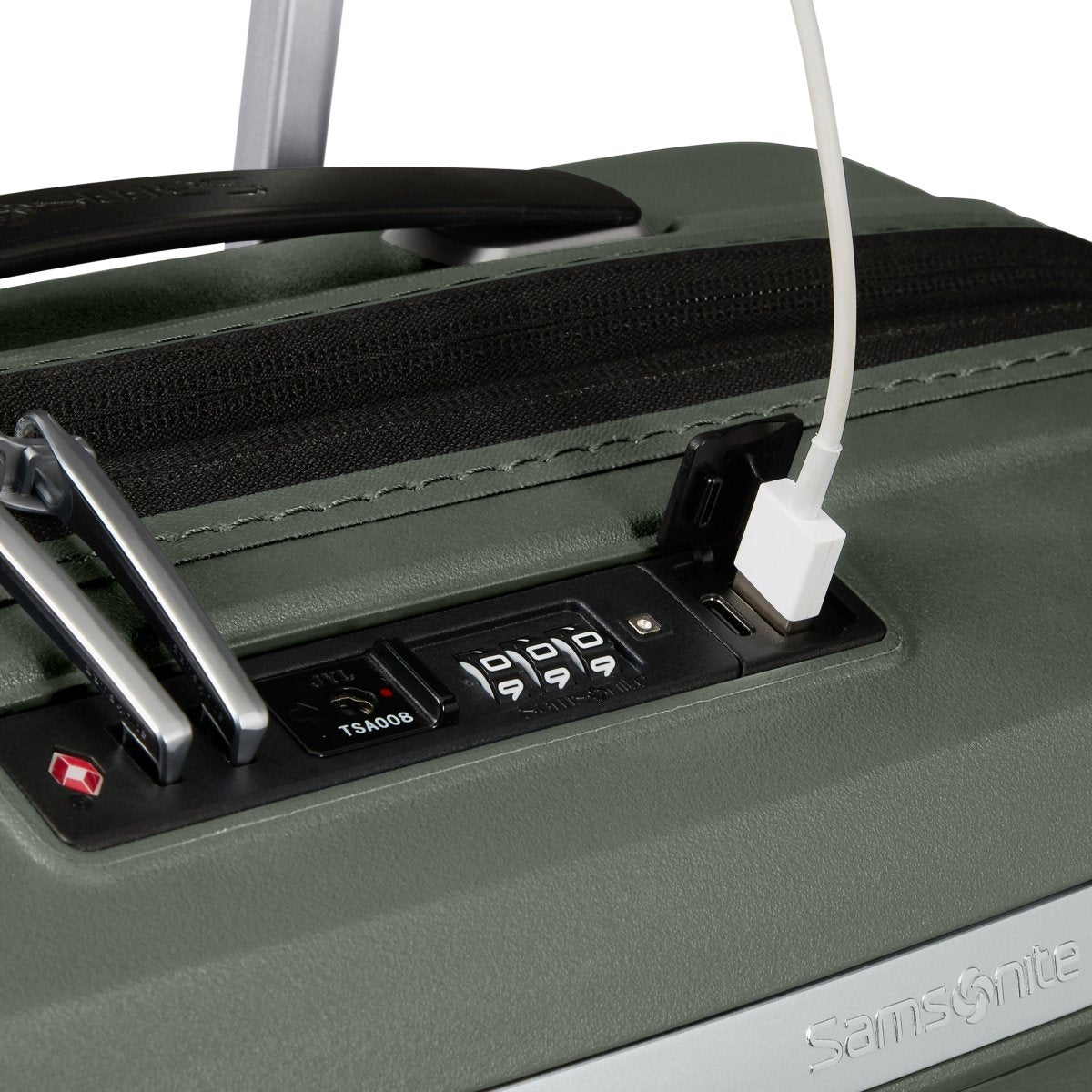 Close-up of the Samsonite Upscape Spinner Carry-On™ with combo lock, USB charging, and shock-absorbing wheels.