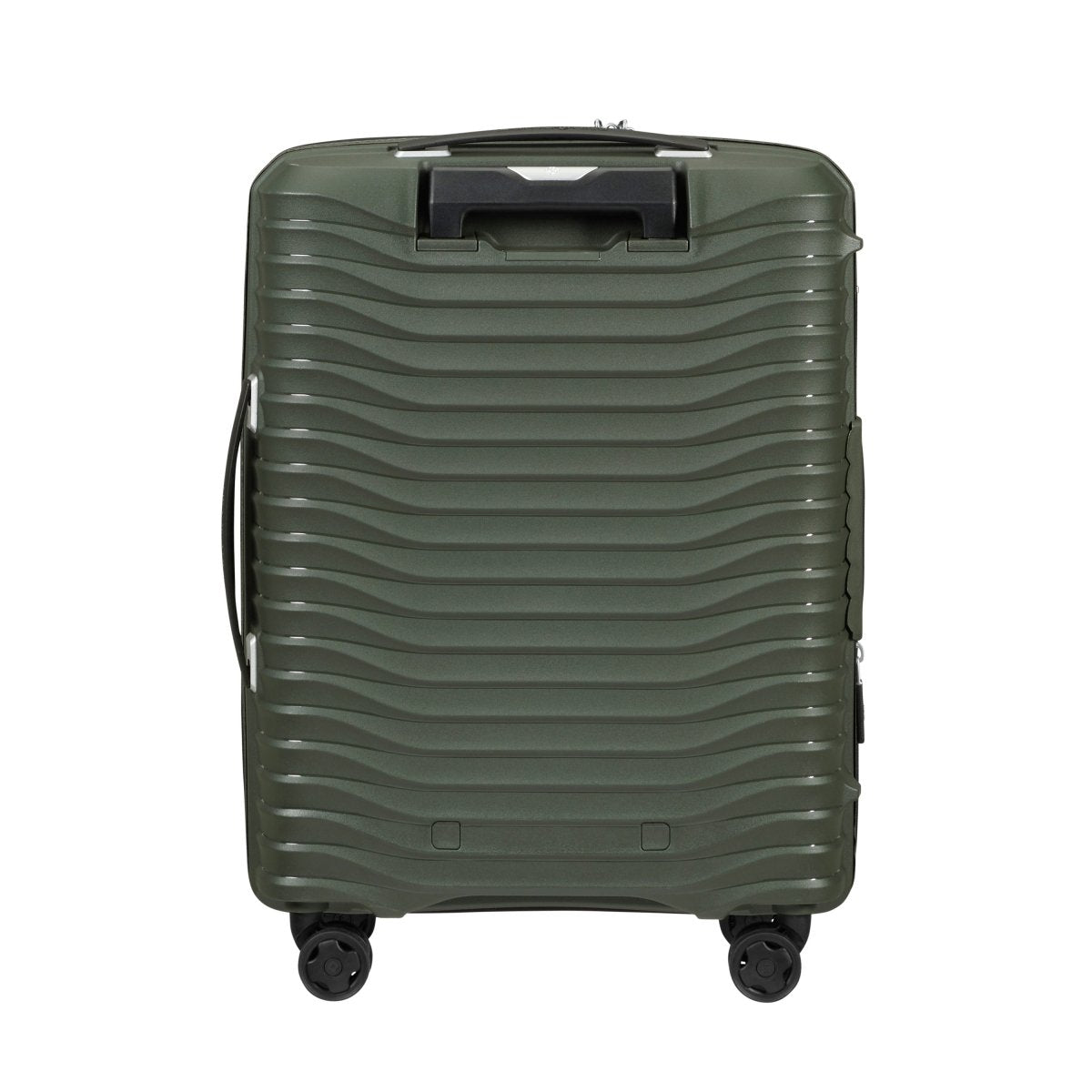The Samsonite Upscape Spinner Carry-On™ in olive green features horizontal ridges and shock-absorbing wheels.