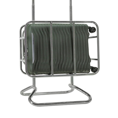 The Samsonite Upscape Spinner Carry-On™ stands vertically in a metal rack with shock-absorbing wheels.