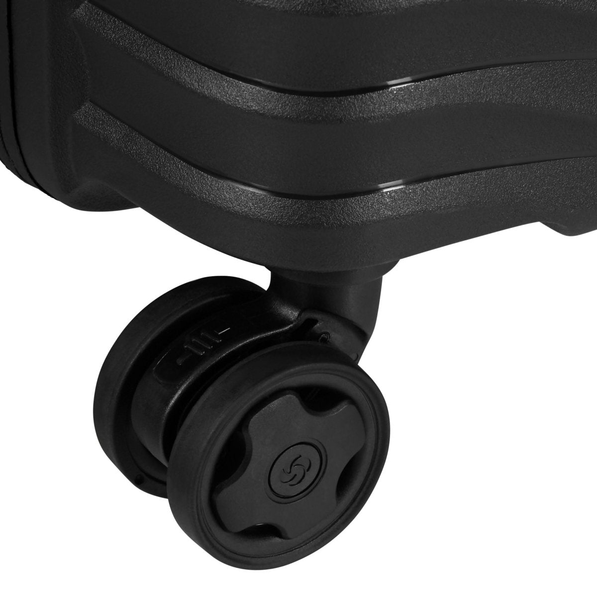 Close-up of Samsonite Upscape Spinner Carry-On™’s shock-absorbing dual wheels for lightweight travel.