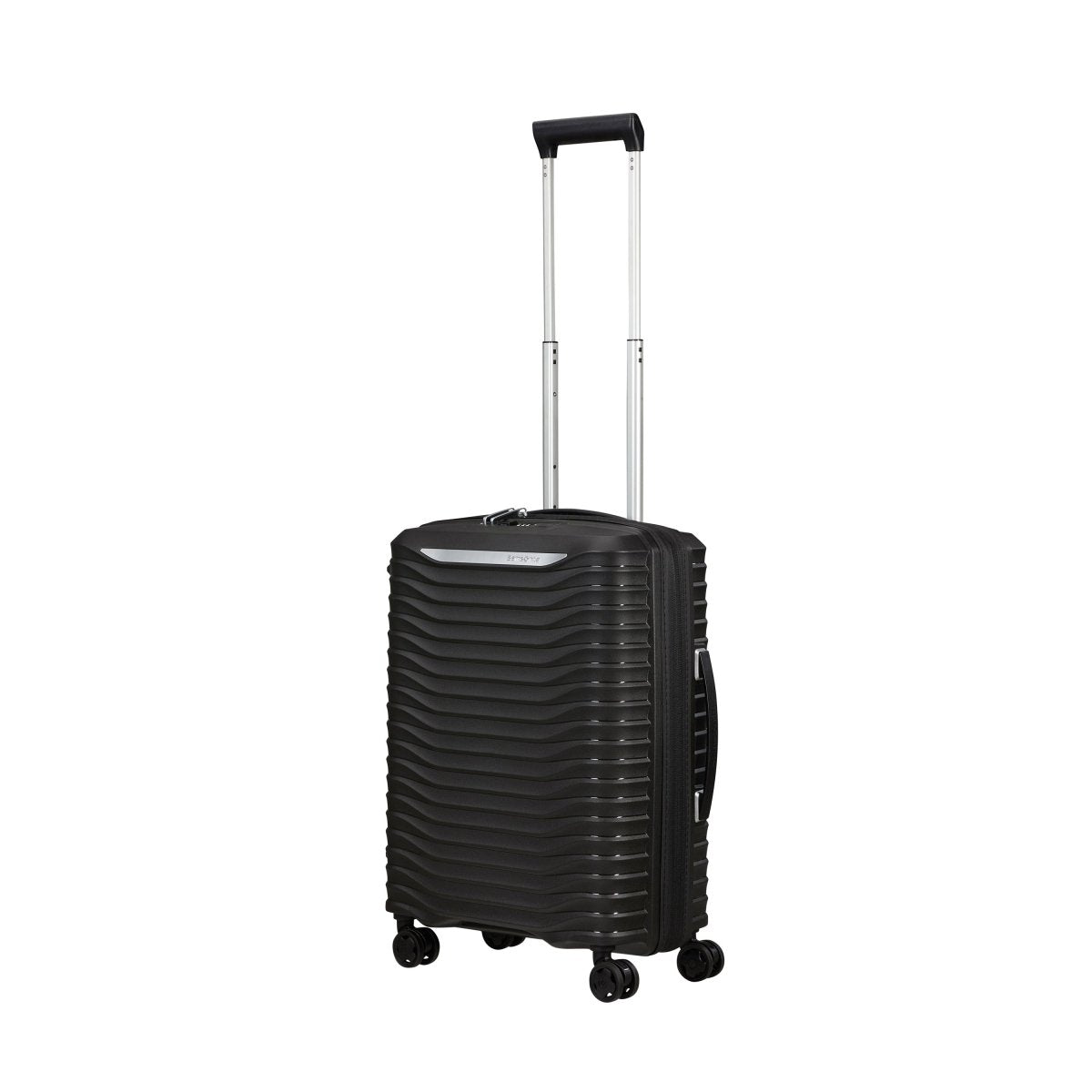 Samsonite Upscape Spinner Carry-On™: black suitcase with 4 shock-absorbing wheels and telescopic handle.