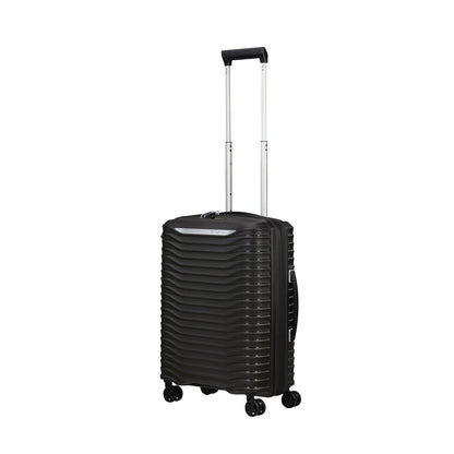 Samsonite Upscape Spinner Carry-On™: black suitcase with 4 shock-absorbing wheels and telescopic handle.