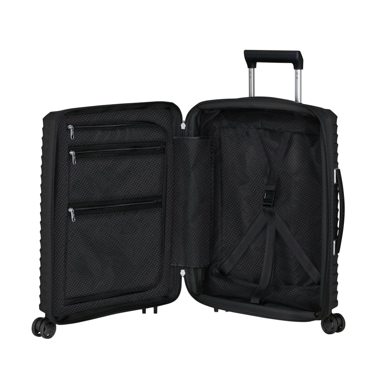 Samsonite Upscape Spinner Carry-On™: black hard-shell with straps, mesh pockets, and shock-absorbing wheels.