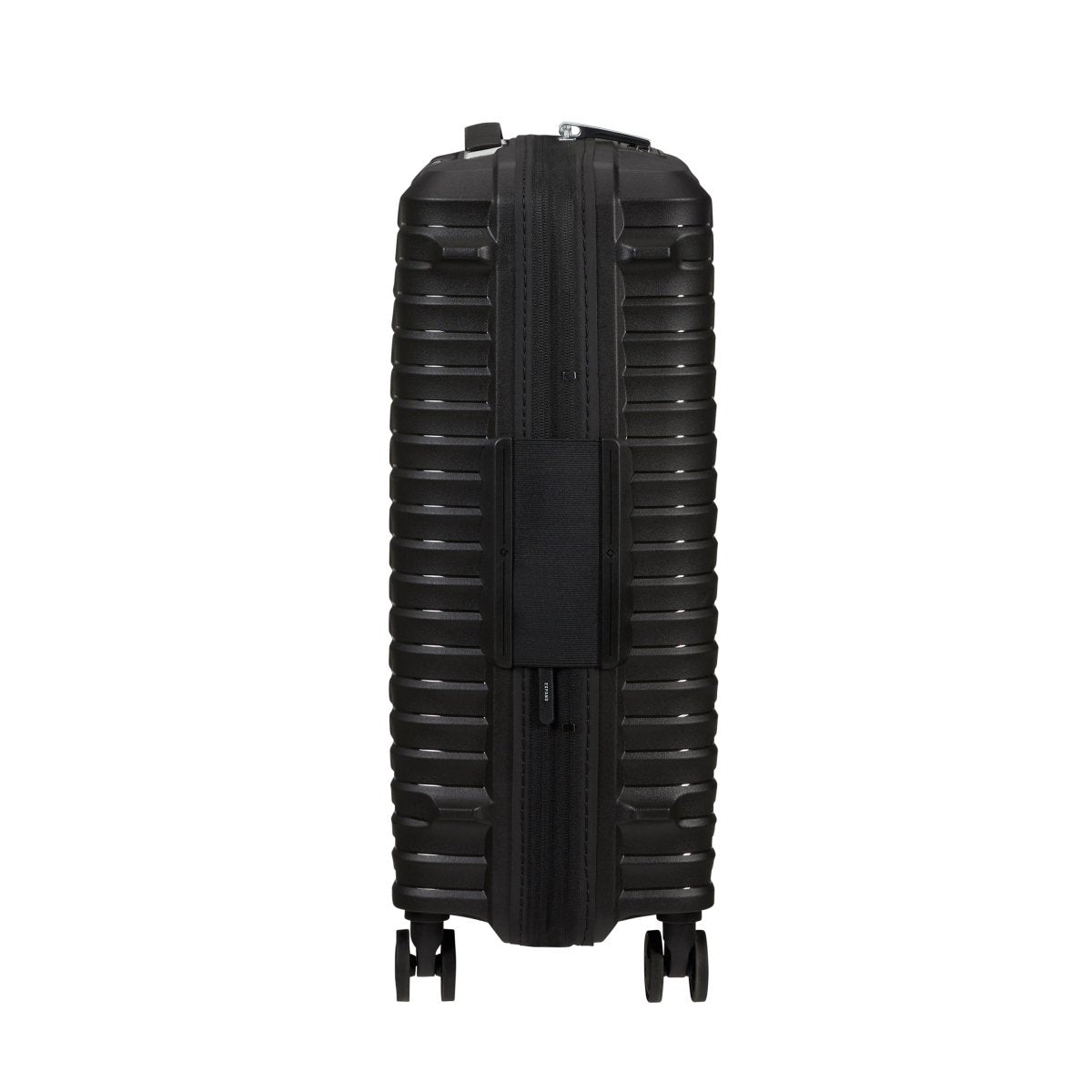 The Samsonite Upscape Spinner Carry-On™ is a black hard-shell case with shock-absorbing wheels and a central zipper.