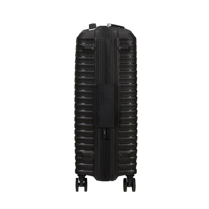 The Samsonite Upscape Spinner Carry-On™ is a black hard-shell case with shock-absorbing wheels and a central zipper.