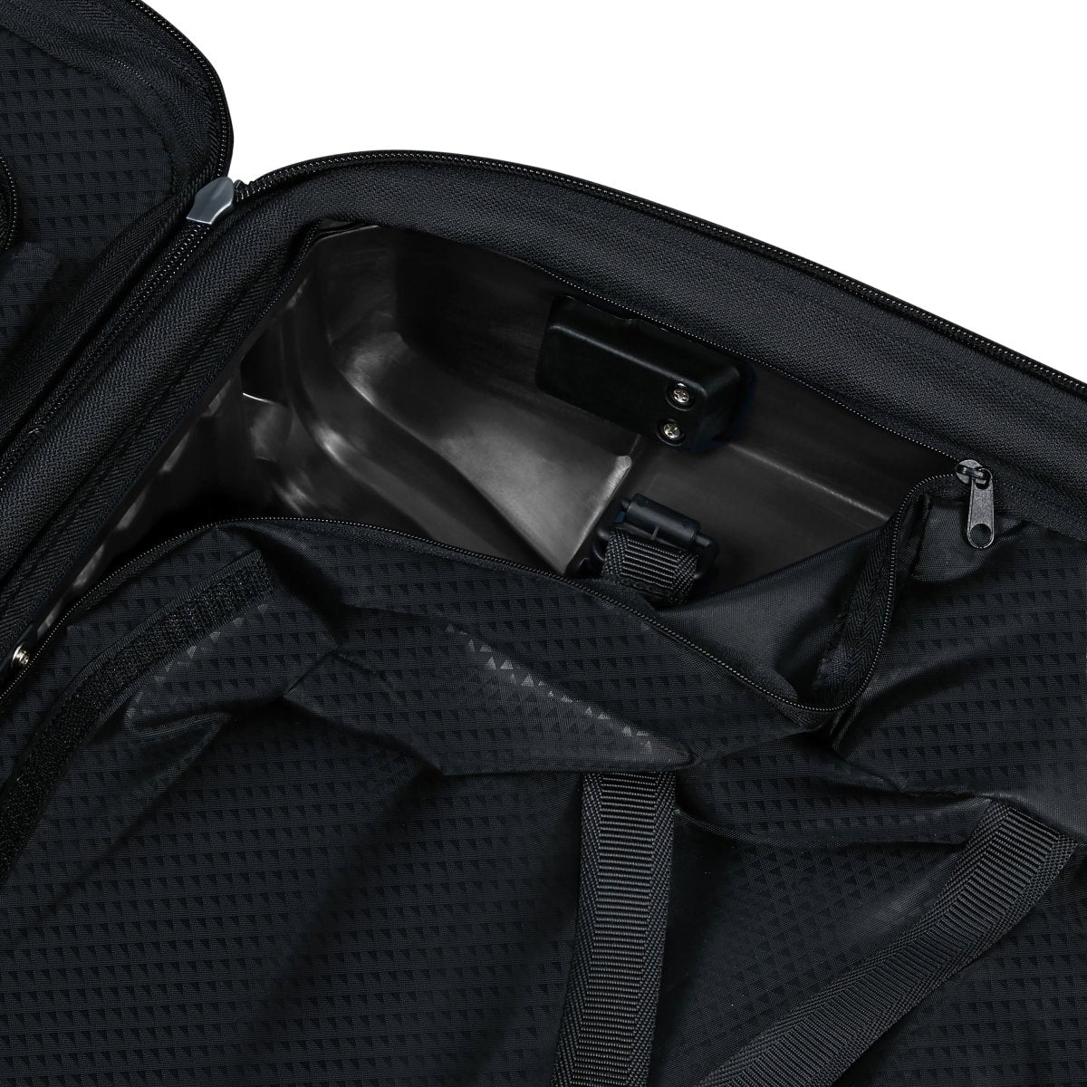 The Samsonite Upscape Spinner Carry-On™ in black open to show fabric lining, straps, and a metal compartment.